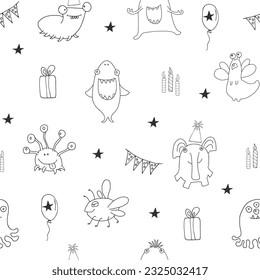 Cute monsters seamless pattern. Cartoon monsters background. Vector illustration.