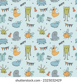 Cute monsters seamless pattern. Cartoon monsters background. Vector illustration.