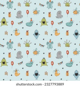 Cute monsters seamless pattern. Cartoon monsters background. Vector illustration.