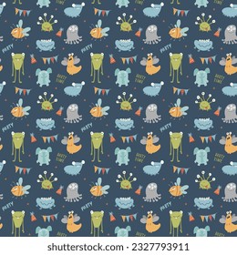 Cute monsters seamless pattern. Cartoon monsters background. Vector illustration.
