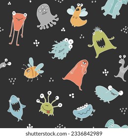 Cute monsters seamless pattern. Cartoon monsters background. Vector illustration.