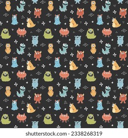 Cute monsters seamless pattern. Cartoon monsters background. Vector illustration.