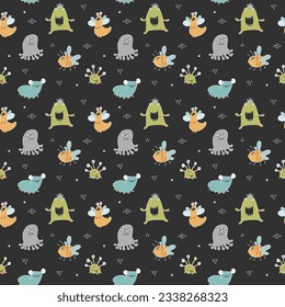 Cute monsters seamless pattern. Cartoon monsters background. Vector illustration.