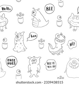 Cute monsters seamless pattern. Cartoon monsters background. Vector illustration.