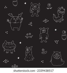 Cute monsters seamless pattern. Cartoon monsters background. Vector illustration.