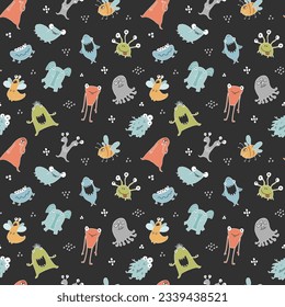 Cute monsters seamless pattern. Cartoon monsters background. Vector illustration.