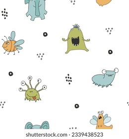 Cute monsters seamless pattern. Cartoon monsters background. Vector illustration.