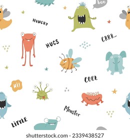 Cute monsters seamless pattern. Cartoon monsters background. Vector illustration.