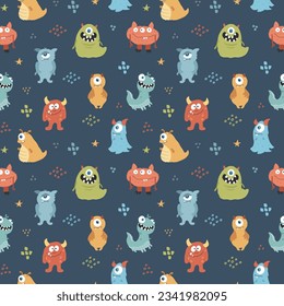 Cute monsters seamless pattern. Cartoon monsters background. Vector illustration.