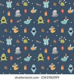 Cute monsters seamless pattern. Cartoon monsters background. Vector illustration.