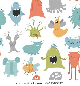 Rutsche Monster nahtloses Muster. Cartoon-Monster-Hintergrund. Vektorgrafik.