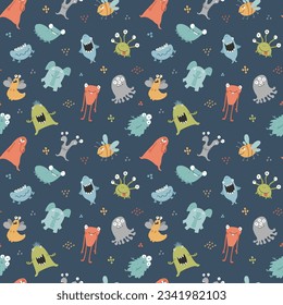 Cute monsters seamless pattern. Cartoon monsters background. Vector illustration.