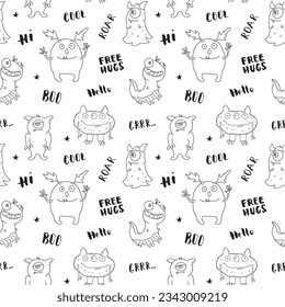 Cute monsters seamless pattern. Cartoon monsters background. Vector illustration.
