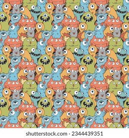 Cute monsters seamless pattern. Cartoon monsters background. Vector illustration.