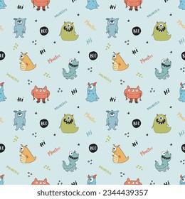 Cute monsters seamless pattern. Cartoon monsters background. Vector illustration.