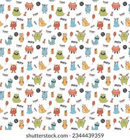 Cute monsters seamless pattern. Cartoon monsters background. Vector illustration.