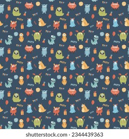 Cute monsters seamless pattern. Cartoon monsters background. Vector illustration.