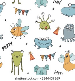 Cute monsters seamless pattern. Cartoon monsters background. Vector illustration.