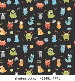 Cute monsters seamless pattern. Cartoon monsters background. Vector illustration.