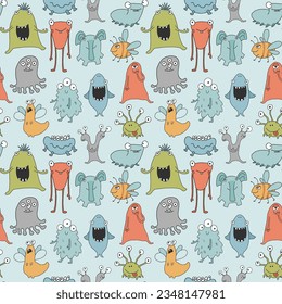 Cute monsters seamless pattern. Cartoon monsters background. Vector illustration.