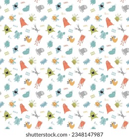 Cute monsters seamless pattern. Cartoon monsters background. Vector illustration.