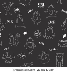 Cute monsters seamless pattern. Cartoon monsters background. Vector illustration.