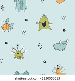 Cute monsters seamless pattern. Cartoon monsters background. Vector illustration.