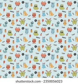 Cute monsters seamless pattern. Cartoon monsters background. Vector illustration.