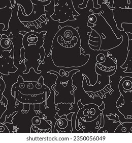Cute monsters seamless pattern. Cartoon monsters background. Vector illustration.