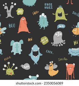Cute monsters seamless pattern. Cartoon monsters background. Vector illustration.