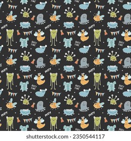 Cute monsters seamless pattern. Cartoon monsters background. Vector illustration.