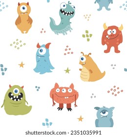 Cute monsters seamless pattern. Cartoon monsters background. Vector illustration.