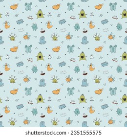 Cute monsters seamless pattern. Cartoon monsters background. Vector illustration.