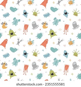 Cute monsters seamless pattern. Cartoon monsters background. Vector illustration.