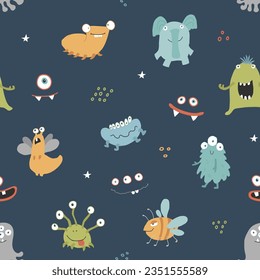 Cute monsters seamless pattern. Cartoon monsters background. Vector illustration.