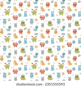 Cute monsters seamless pattern. Cartoon monsters background. Vector illustration.