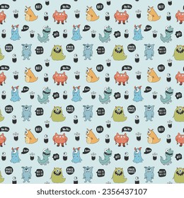 Cute monsters seamless pattern. Cartoon monsters background. Vector illustration.