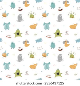 Cute monsters seamless pattern. Cartoon monsters background. Vector illustration.