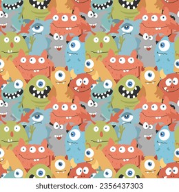 Cute monsters seamless pattern. Cartoon monsters background. Vector illustration.