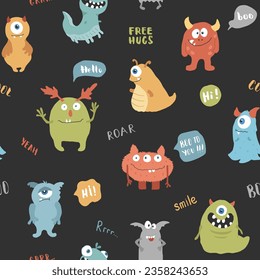 Cute monsters seamless pattern. Cartoon monsters background. Vector illustration.