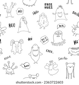 Cute monsters seamless pattern. Cartoon monsters background. Vector illustration.