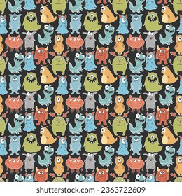 Cute monsters seamless pattern. Cartoon monsters background. Vector illustration.