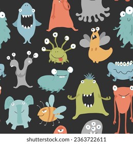 Cute monsters seamless pattern. Cartoon monsters background. Vector illustration.