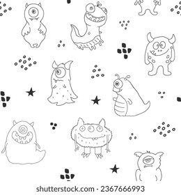 Cute monsters seamless pattern. Cartoon monsters background. Vector illustration.
