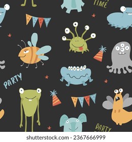 Cute monsters seamless pattern. Cartoon monsters background. Vector illustration.