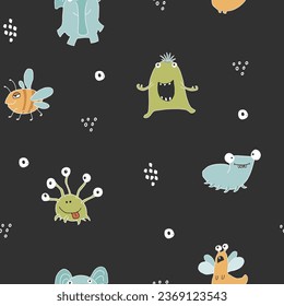 Cute monsters seamless pattern. Cartoon monsters background. Vector illustration.