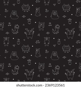 Cute monsters seamless pattern. Cartoon monsters background. Vector illustration.