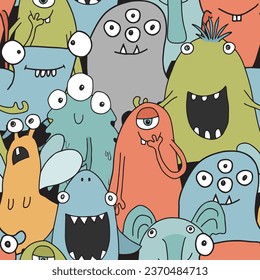 Cute monsters seamless pattern. Cartoon monsters background. Vector illustration.