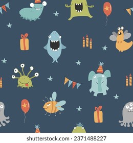 Cute monsters seamless pattern. Cartoon monsters background. Vector illustration.