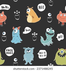 Cute monsters seamless pattern. Cartoon monsters background. Vector illustration.